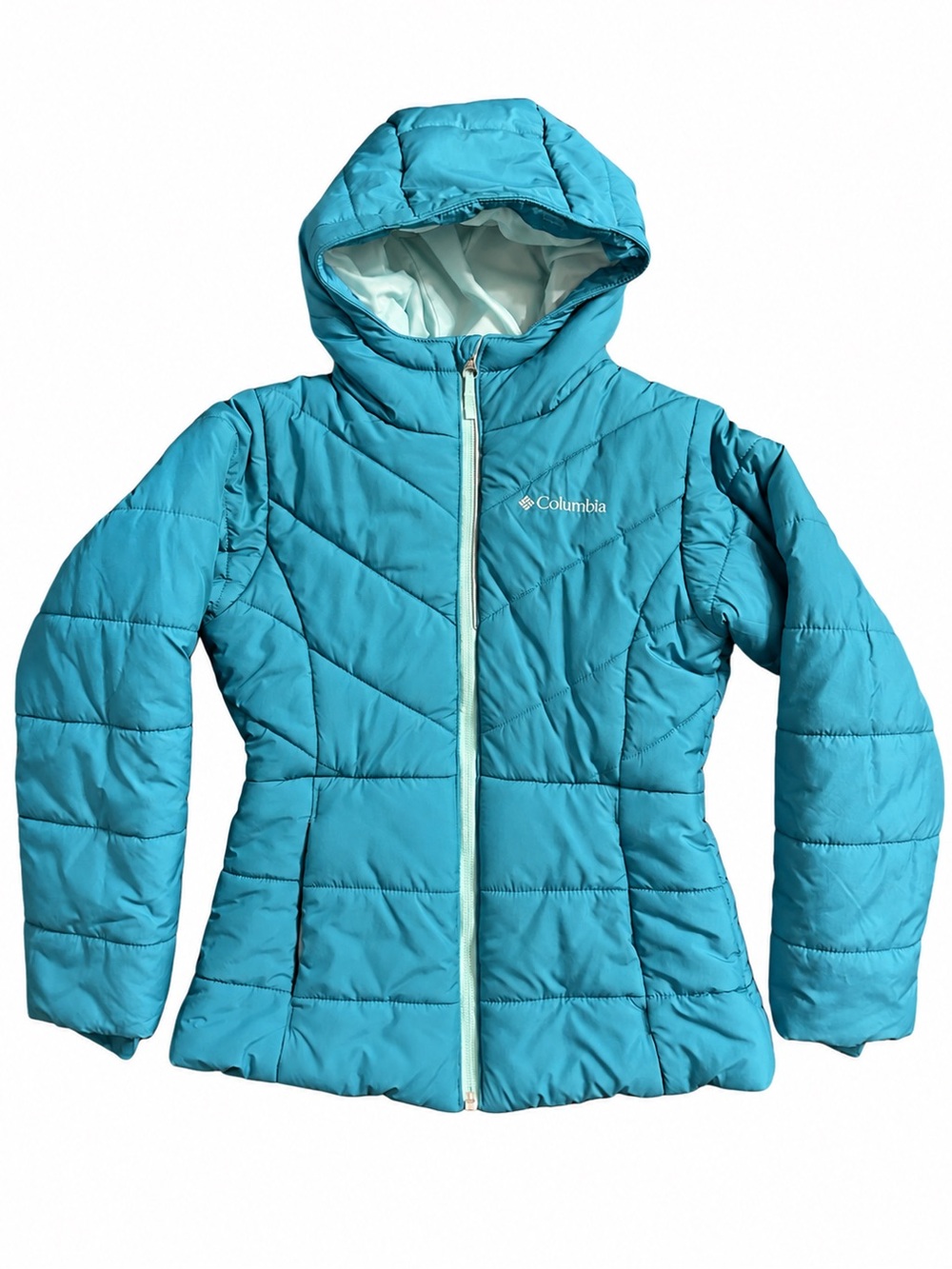 COLUMBIA Katelyn Crest Girls Teal Hooded Puffer Jacket Size S 7/8